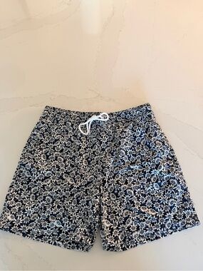 Men's Navy Floral Hybrid Swim Shorts with White Drawstring